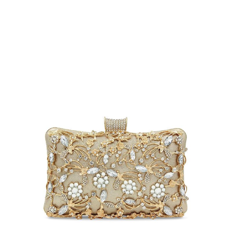Floral Evening Clutch Bag Gold Rhinestone Beaded Party Purse Bridal Handbag — Main Image