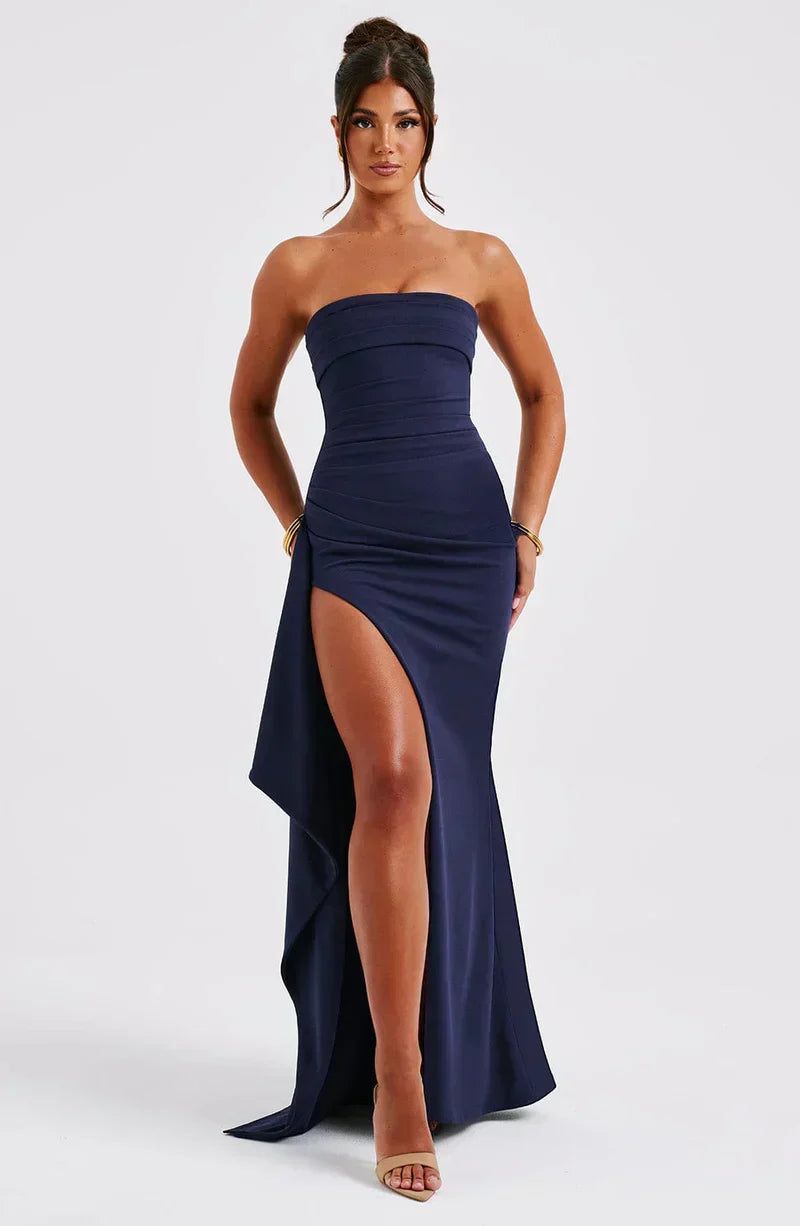 Strapless Thigh Slit Maxi Dress Navy/Black Elegant Evening Gown — Main Image