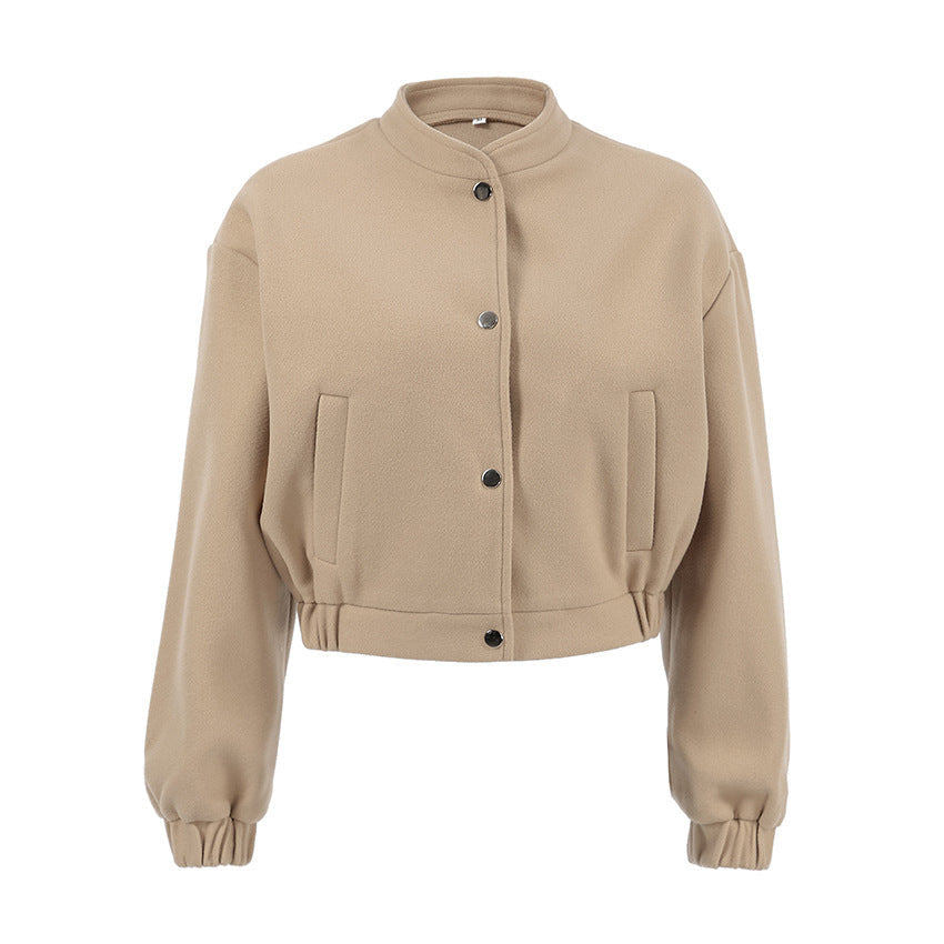 Brand Women's Bomber Jacket Wool Blend Stand Collar Beige Snap Button Casual Outerwear — Image 4