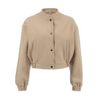 Brand Women's Bomber Jacket Wool Blend Stand Collar Beige Snap Button Casual Outerwear — Image 4
