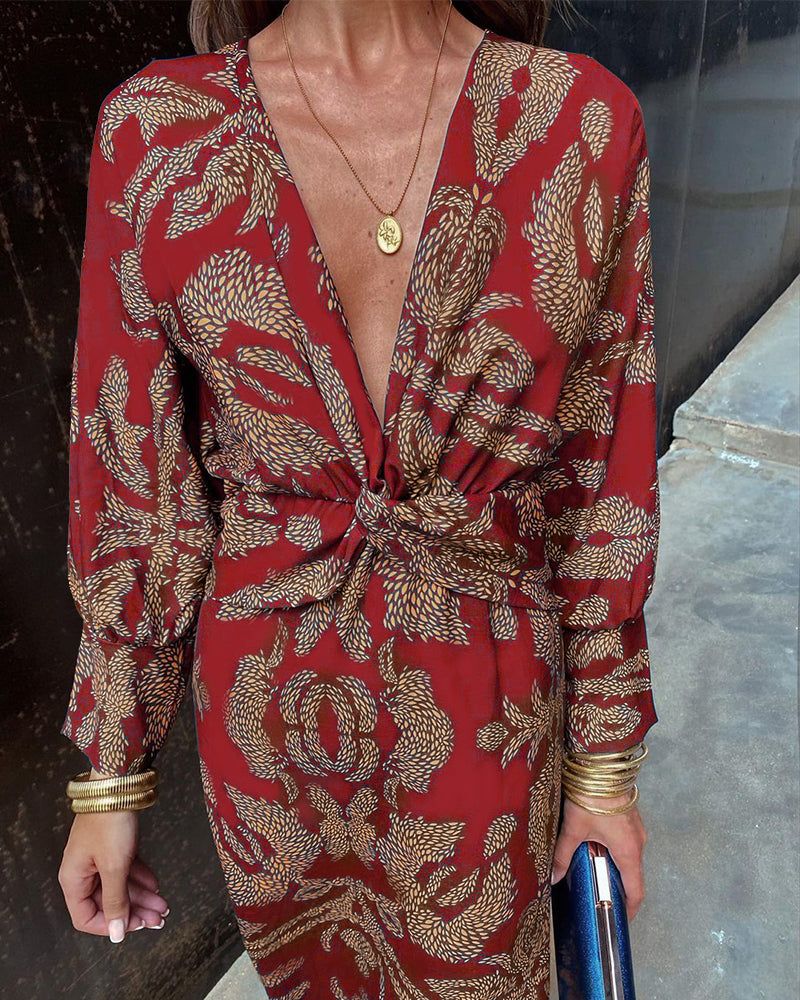Twist Front Midi Dress V-Neck Long Sleeve Polyester Various Colors S M L XL — Image 9