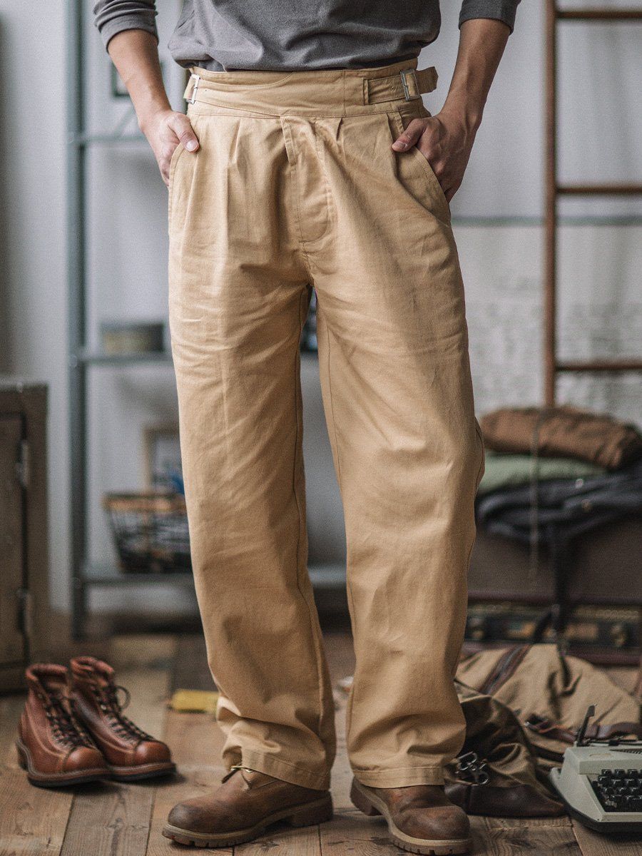 Vintage Style Men's Work Pants Cotton Canvas Khaki High Waist Pleated — Main Image