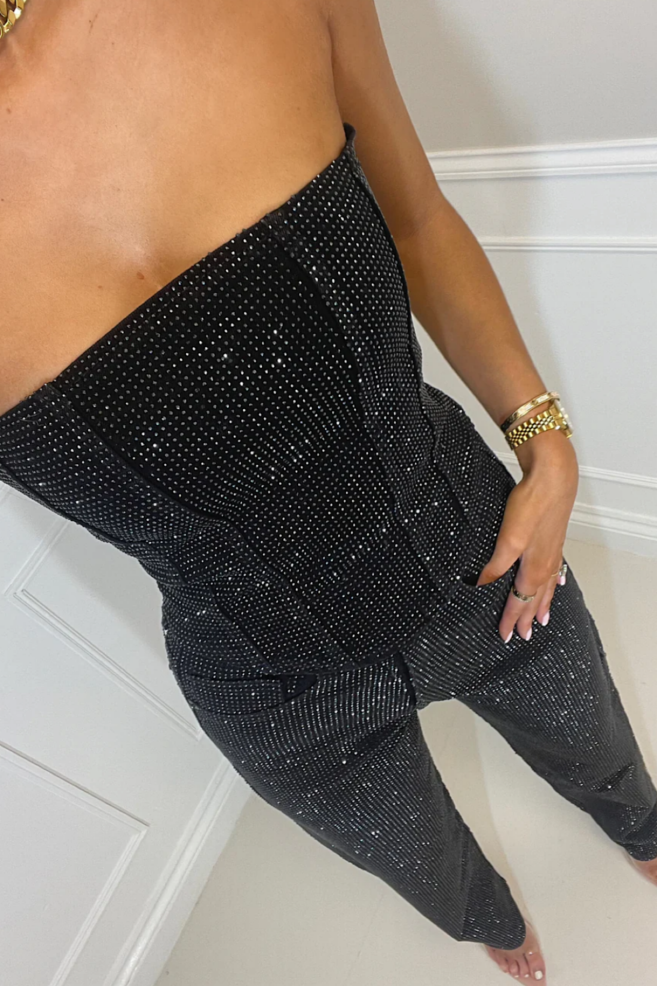 Black Corset Top and Pants Set, Embellished, Strapless Outfit for Women — Image 4