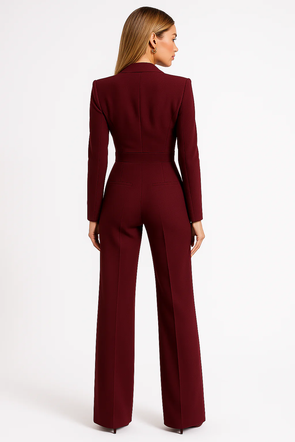 Women's Formal Blazer Jumpsuit Burgundy Wide Leg Pant Suit Elegant — Image 2