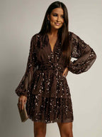 Sequin Tiered Mini Dress, Brown Long Sleeve V-Neck Polyester — Image 3