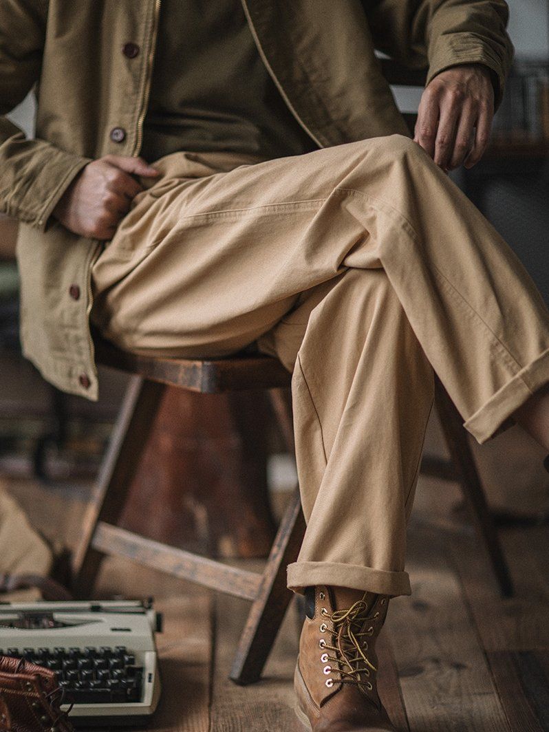 Vintage Style Men's Work Pants Cotton Canvas Khaki High Waist Pleated — Image 2