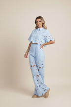 Floral Lace Two-Piece Set: Cropped Shirt & Wide Leg Pants - White Polyester Lace - Women's Fashion — Image 9