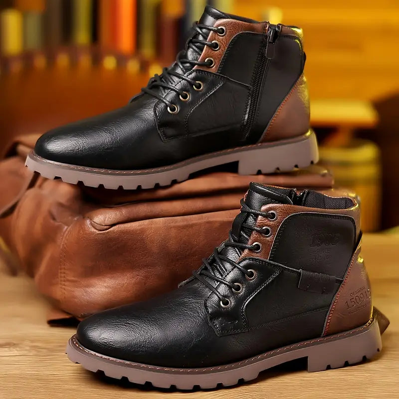 Men's Leather Ankle Boots with Side Zipper - Brown & Black, Durable Sole — Image 5