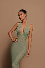 Sequin Halter Maxi Dress Green. Elegant Evening Gown with Shimmering Sequins. — Main Image