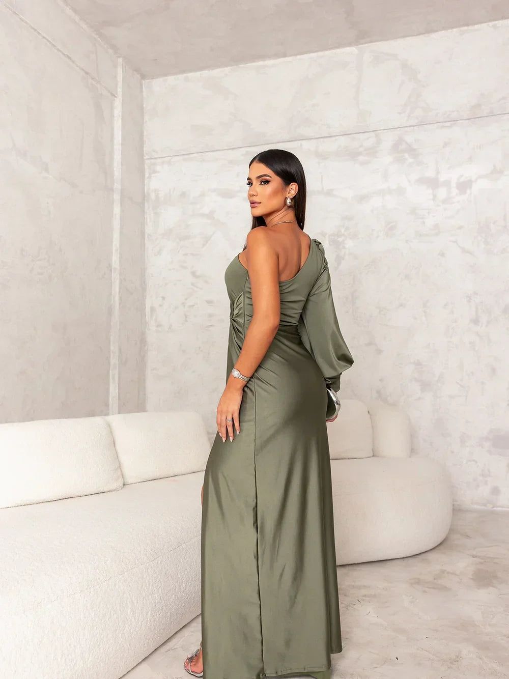 One-Shoulder Slit Maxi Dress Green Satin - Elegant Formal Evening Party Gown — Image 2