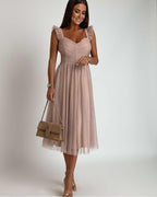 Pink Tulle Ruffled Sleeve Midi Dress - Elegant Women's Formal Party Dress — Main Image