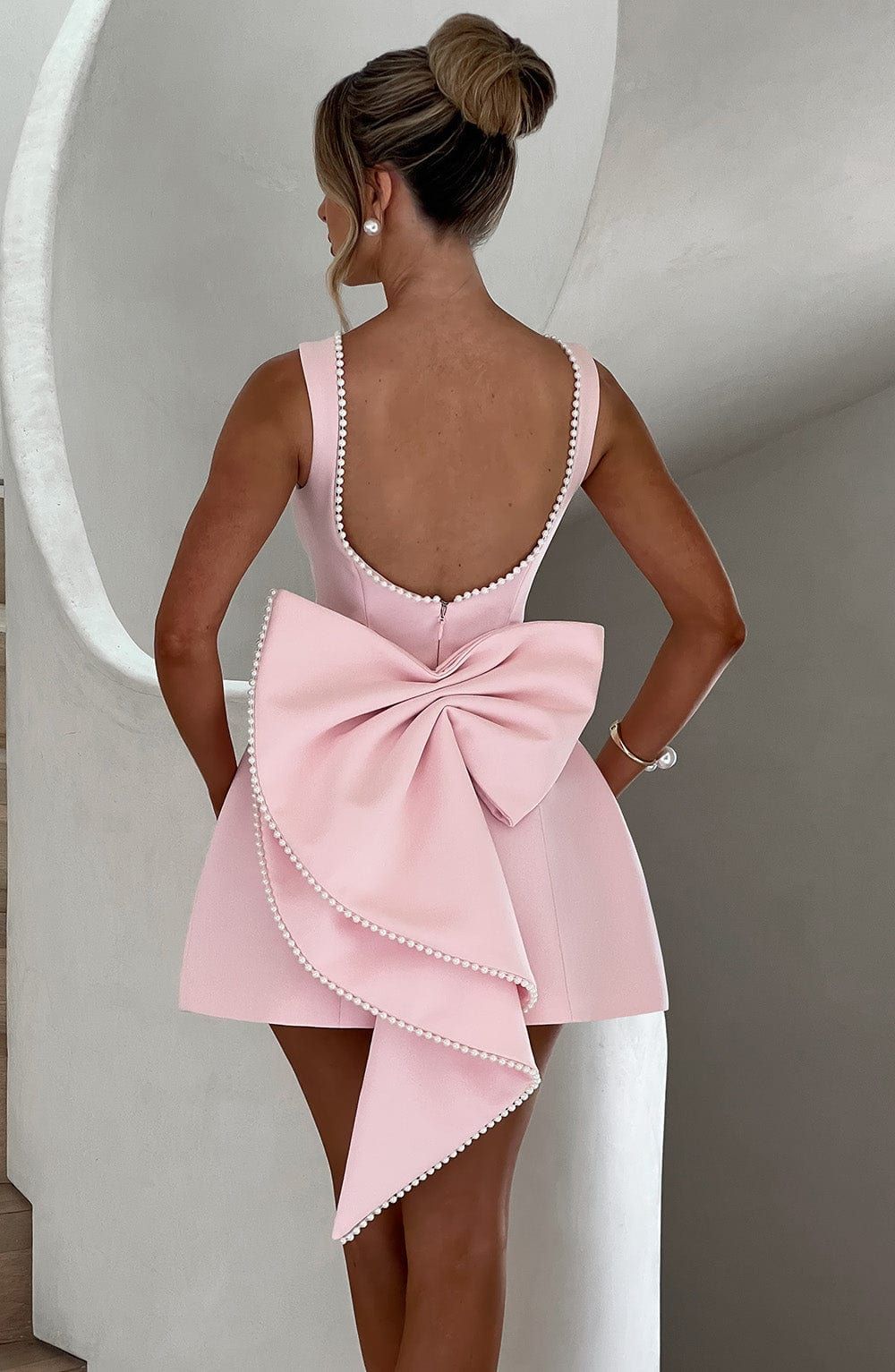 Bow Back Mini Dress with Pearl Detail - Pink Polyester Blend - Cocktail Party Dress — Image 7