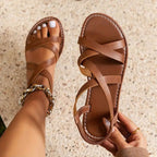 Criss Cross Ankle Strap Sandals Women's Flat Summer Shoes Tan Faux Leather — Image 11