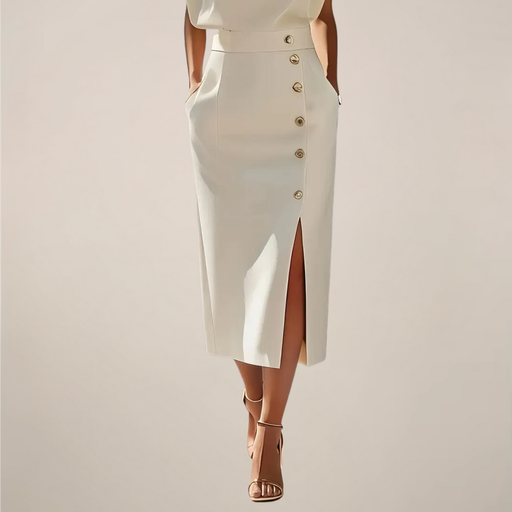 Button Slit Midi Dress with Shoulder Pads: Elegant Dress for Women - Various Colors — Image 3