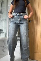 Women's Wide Leg Rhinestone Jeans, Light Wash Denim, High Waisted — Image 2