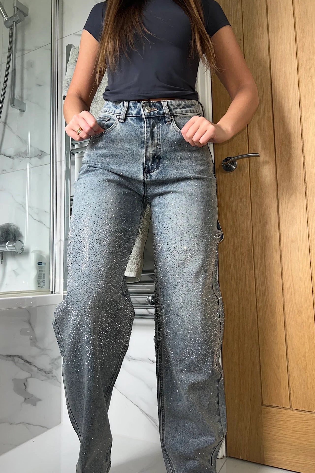 Women's Wide Leg Rhinestone Jeans, Light Wash Denim, High Waisted — Image 2