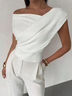 Elegant Off-Shoulder Wrap Top - White Polyester Blouse — Image 6