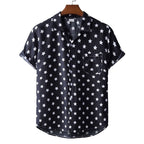 Men's Star Pattern Short Sleeve Shirt Cotton Casual Button-Down Top Black — Image 2
