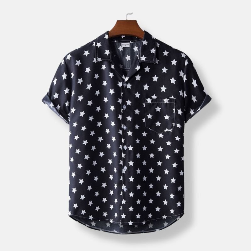 Men's Star Pattern Short Sleeve Shirt Cotton Casual Button-Down Top Black — Main Image