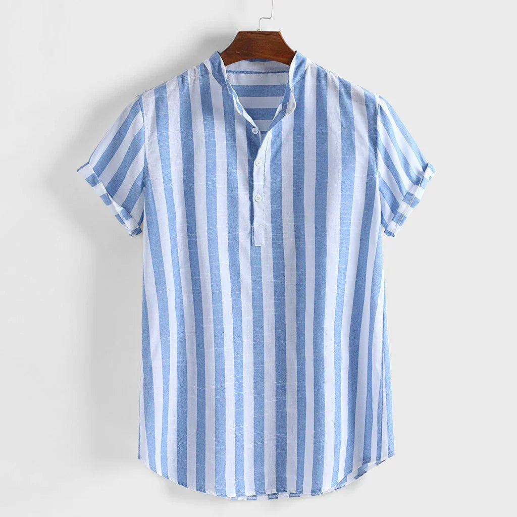 Men's Striped Linen Short Sleeve Shirt Casual Button-Up Summer Top — Image 5