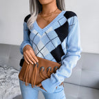 Women's Argyle V-Neck Knit Sweater Soft Pullover Long Sleeve Casual Variety Colors — Image 5