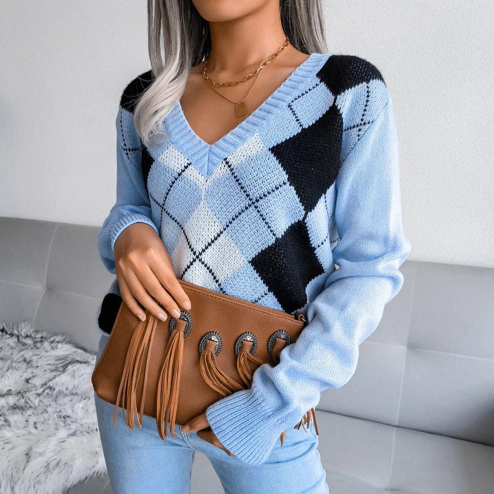 Women's Argyle V-Neck Knit Sweater Soft Pullover Long Sleeve Casual Variety Colors — Image 5