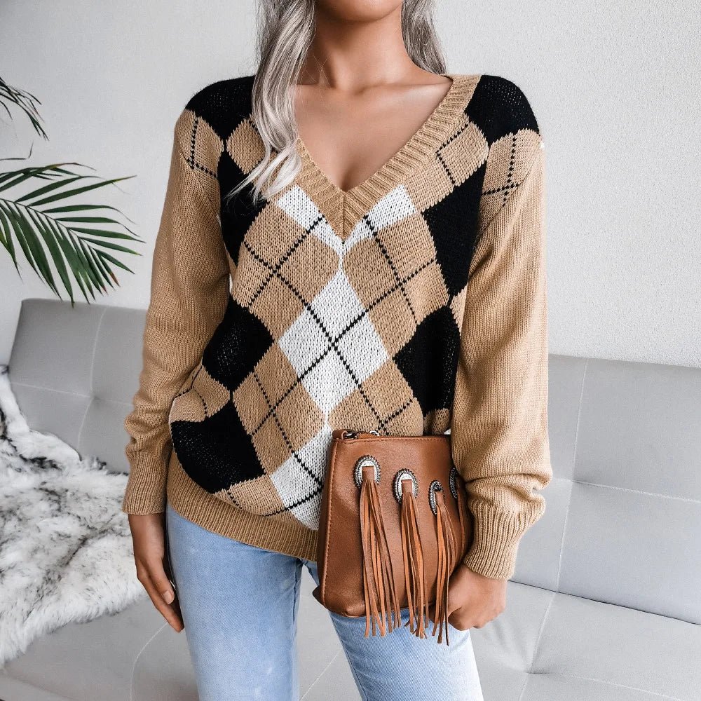 Women's Argyle V-Neck Knit Sweater Soft Pullover Long Sleeve Casual Variety Colors — Image 3