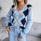 Women's Argyle V-Neck Knit Sweater Soft Pullover Long Sleeve Casual Variety Colors — Main Image