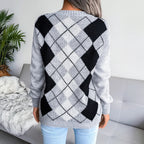 Women's Argyle V-Neck Knit Sweater Soft Pullover Long Sleeve Casual Variety Colors — Image 7
