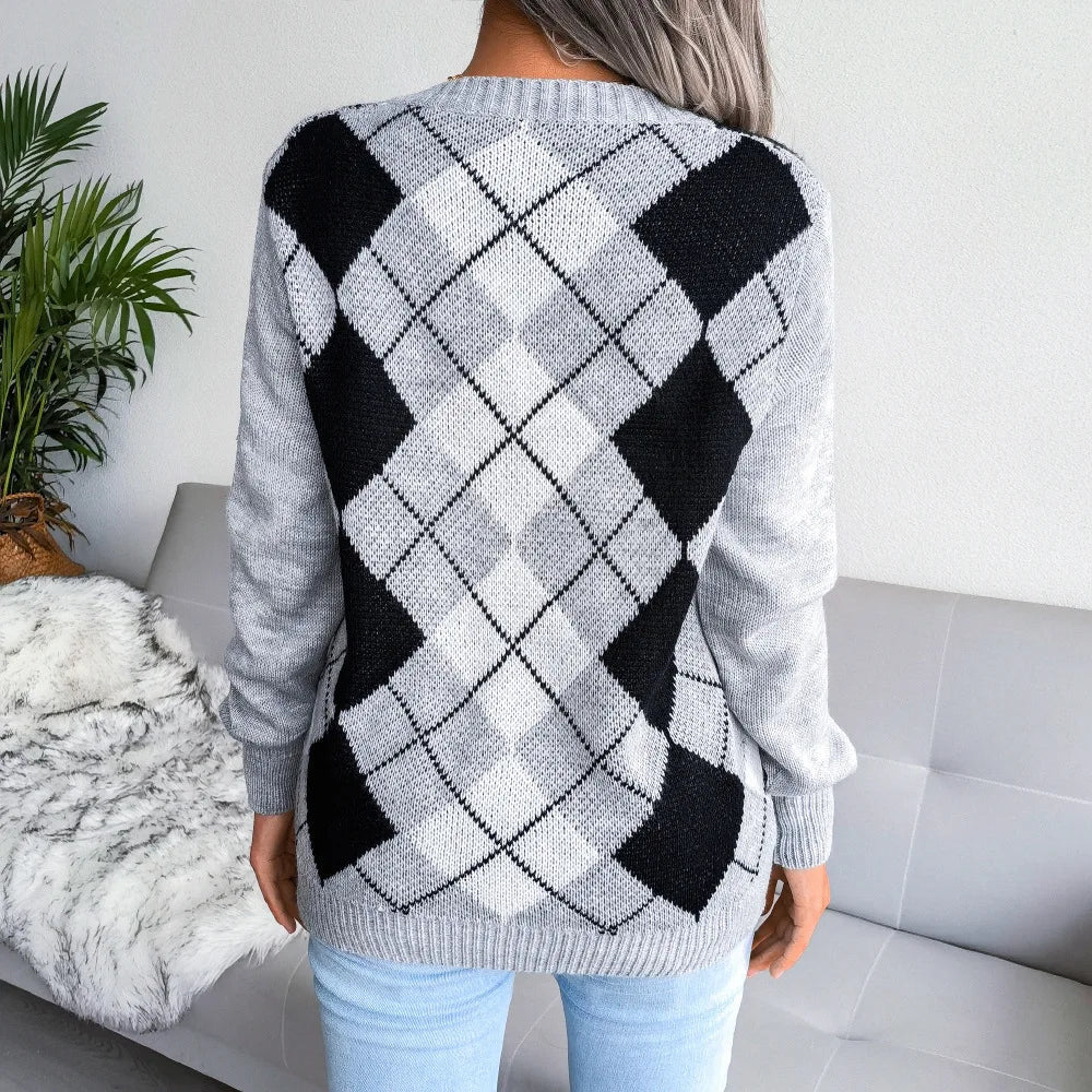 Women's Argyle V-Neck Knit Sweater Soft Pullover Long Sleeve Casual Variety Colors — Image 7