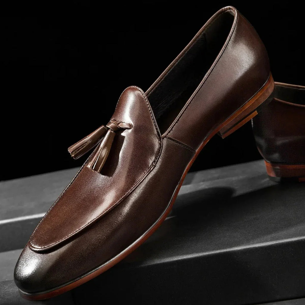 Men's Leather Tassel Loafers Slip-On Dress Shoes Black Brown — Image 2