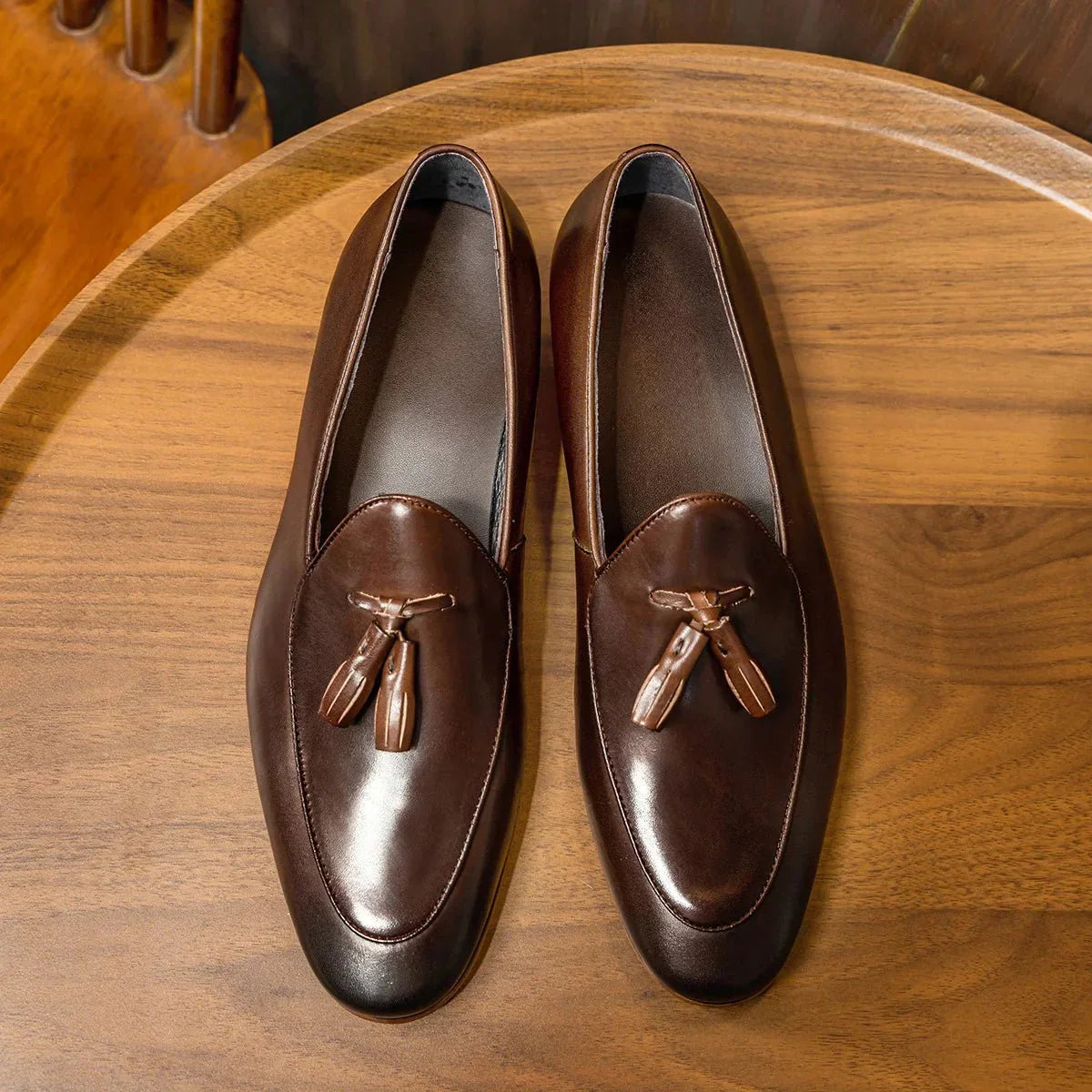 Men's Leather Tassel Loafers Slip-On Dress Shoes Black Brown — Image 11