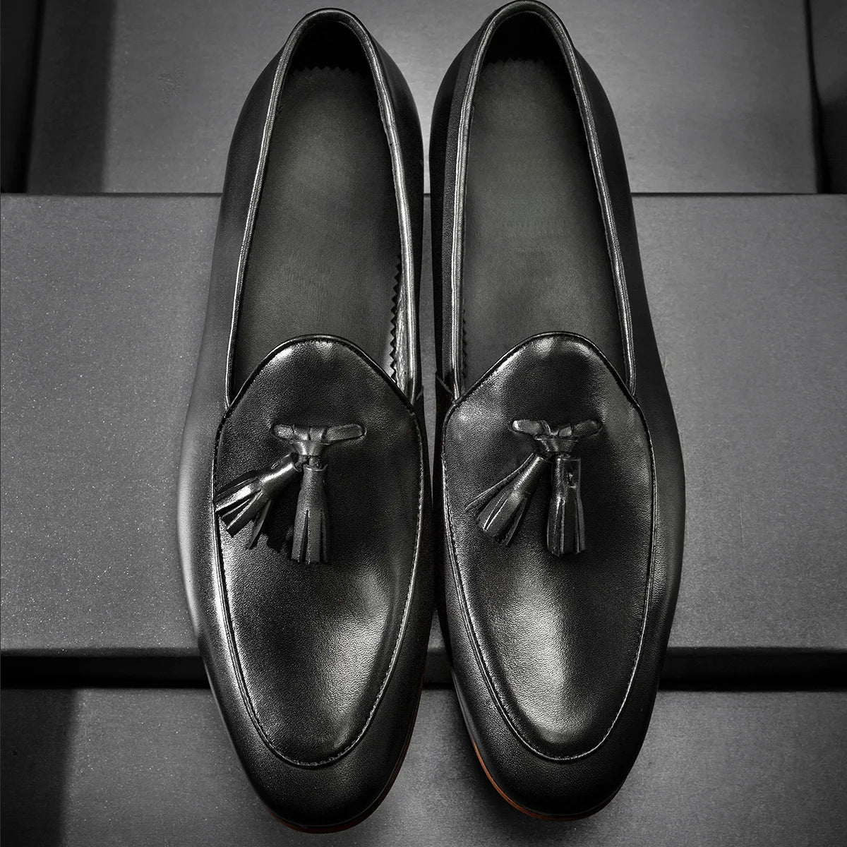Men's Leather Tassel Loafers Slip-On Dress Shoes Black Brown — Image 10