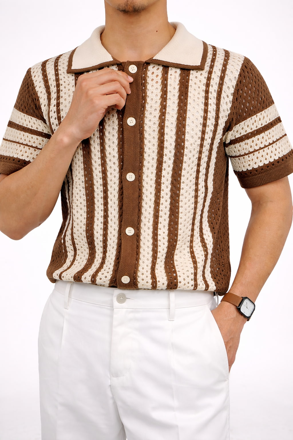 Men's Retro Knit Polo Shirt Brown Beige Striped Short Sleeve Button-Up Lightweight Casual — Image 2