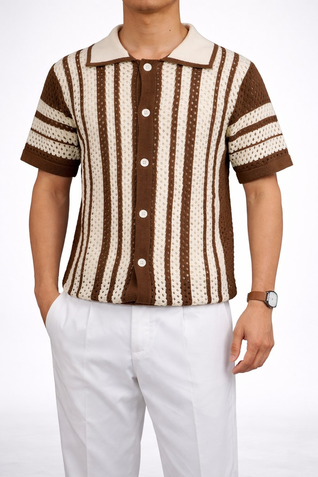 Men's Retro Knit Polo Shirt Brown Beige Striped Short Sleeve Button-Up Lightweight Casual — Main Image