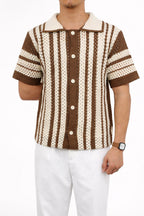 Men's Retro Knit Polo Shirt Brown Beige Striped Short Sleeve Button-Up Lightweight Casual — Image 3