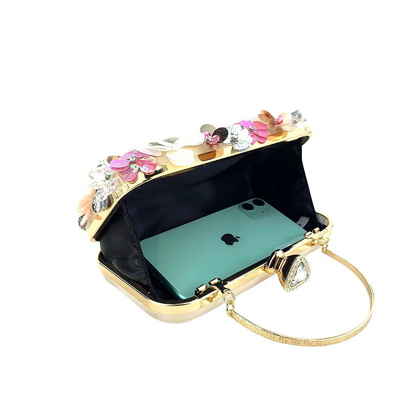 Floral Beaded Evening Clutch Bag Beige with Chain Strap. Elegant Party Handbag — Image 5
