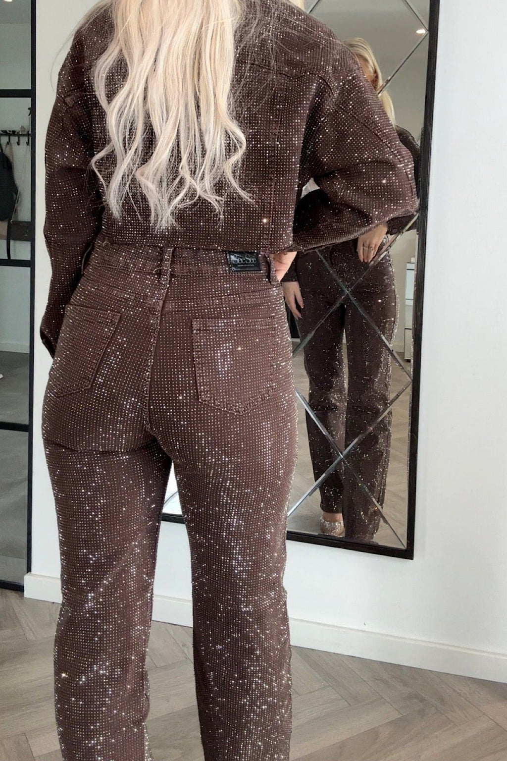Brown Rhinestone High Waist Flare Jeans. Women's embellished denim pants. — Image 4