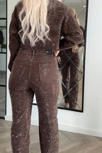 Brown Rhinestone High Waist Flare Jeans. Women's embellished denim pants. — Image 4