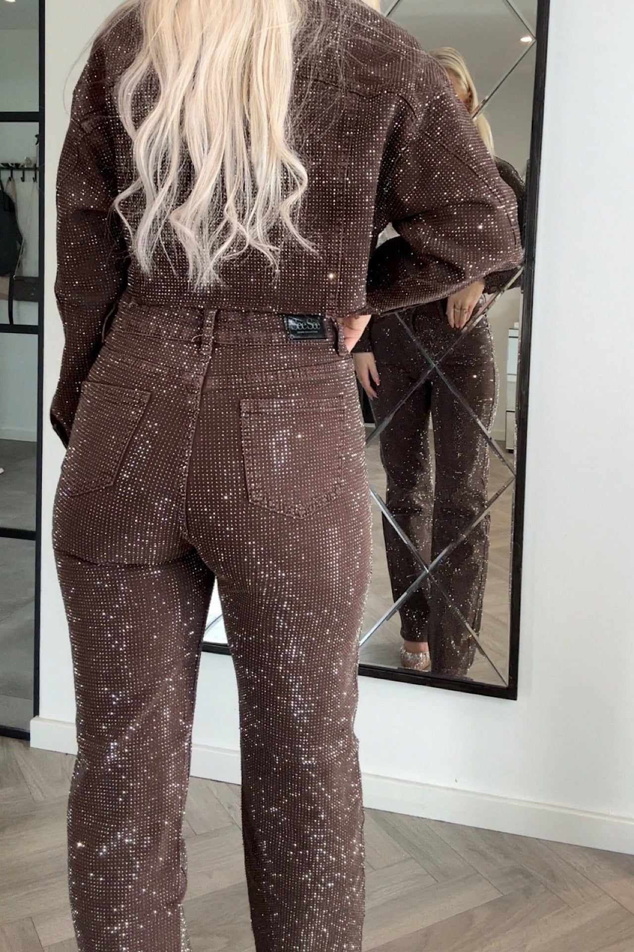 Brown Rhinestone High Waist Flare Jeans. Women's embellished denim pants. — Image 4