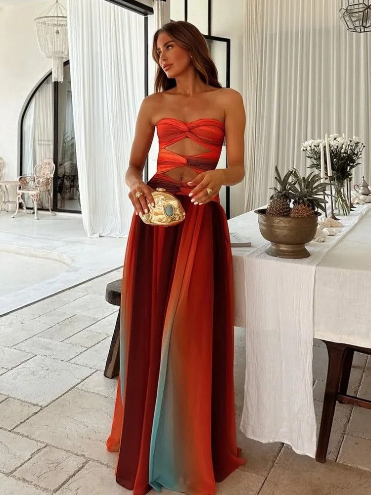 Ombre Maxi Dress Strapless Chiffon Cutout Orange Red Blue — Image 4
