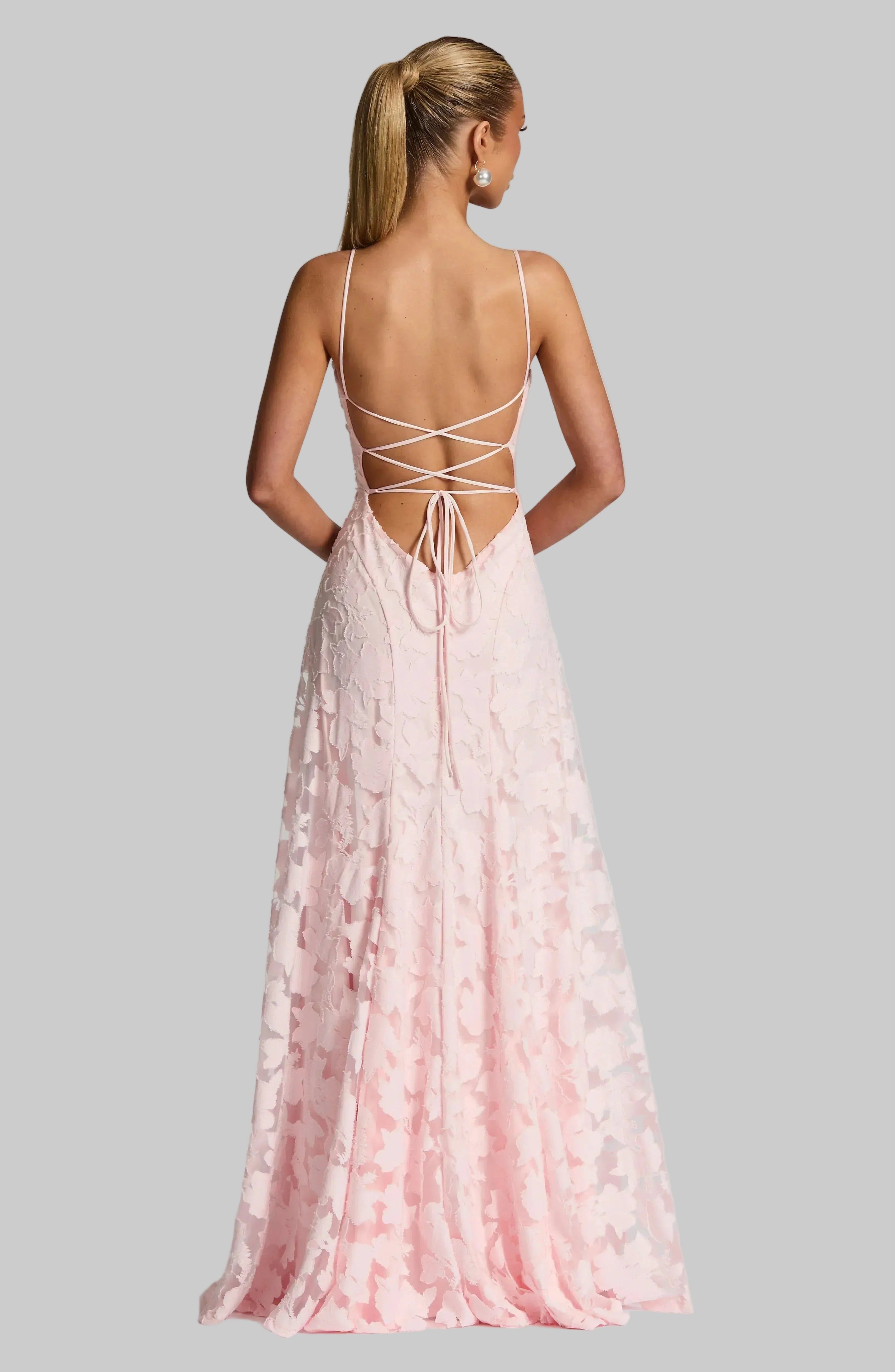 Floral Lace Maxi Dress with Lace-Up Back, Spaghetti Straps, Fitted Bodice. Available in Burgundy, White, and Pink. — Image 12