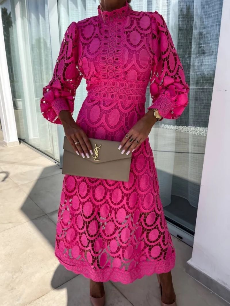 Lace Midi Dress, Long Sleeve, High Neck, A-Line, Pink/Black/White. Elegant Cocktail Party Dress for Women. — Image 5