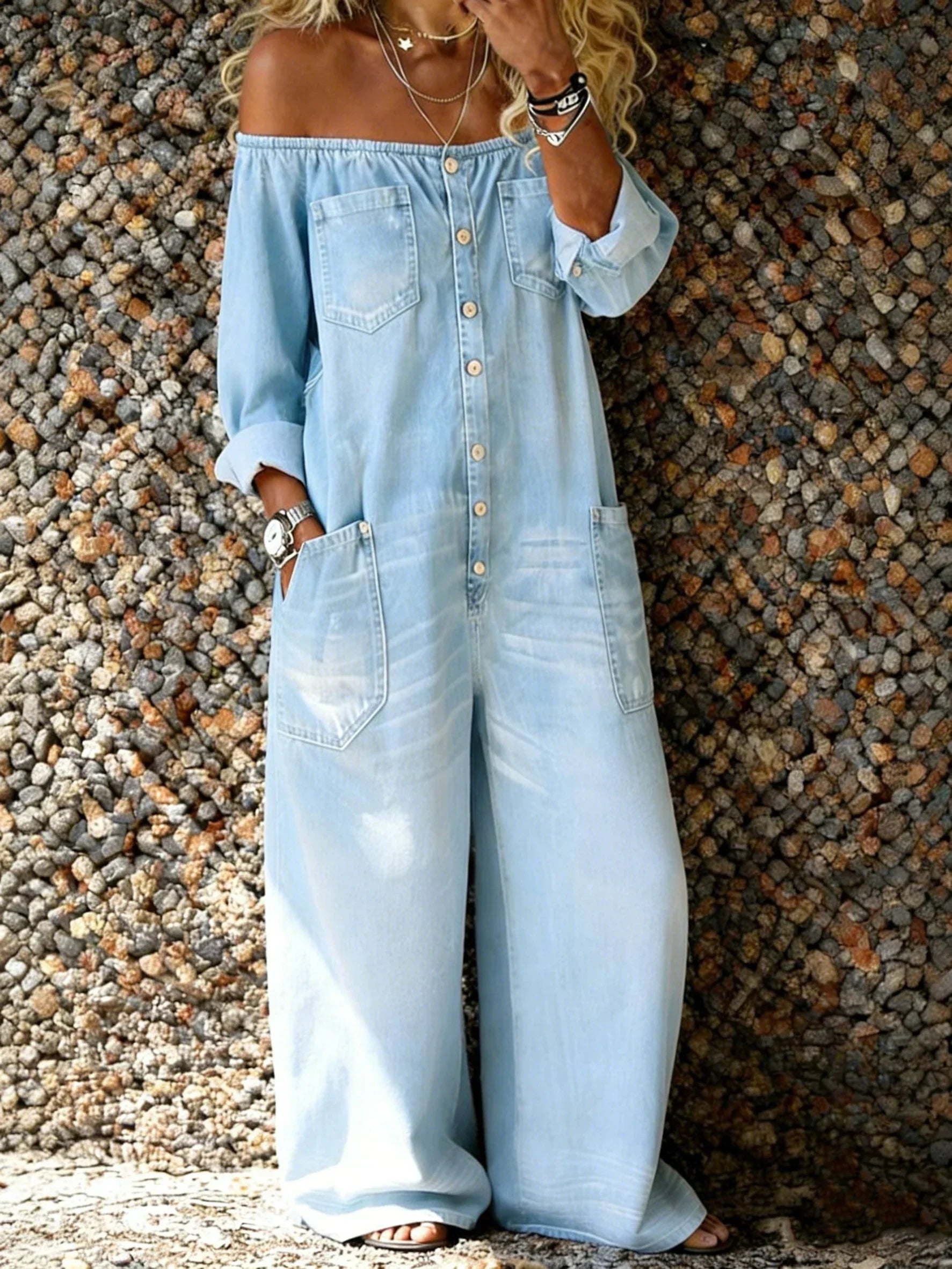 Women's Off-Shoulder Denim Jumpsuit Relaxed Fit Button-Down Long Sleeves Casual Romper with Pockets — Image 2