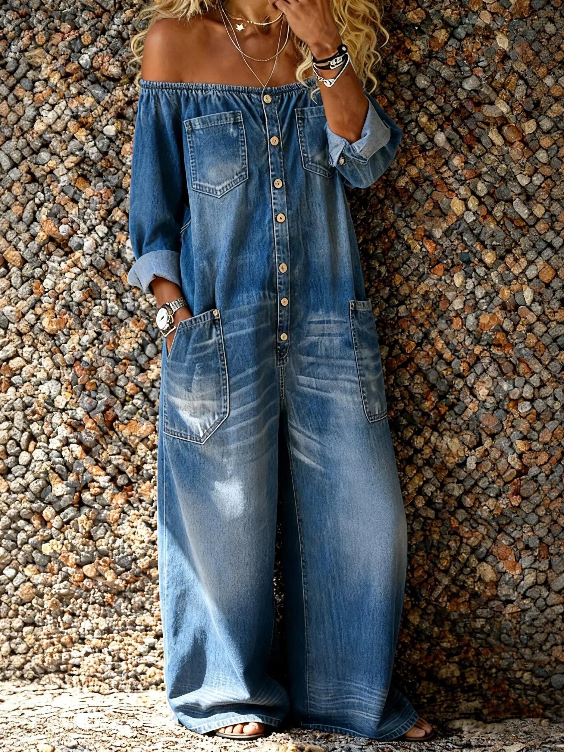 Women's Off-Shoulder Denim Jumpsuit Relaxed Fit Button-Down Long Sleeves Casual Romper with Pockets — Main Image