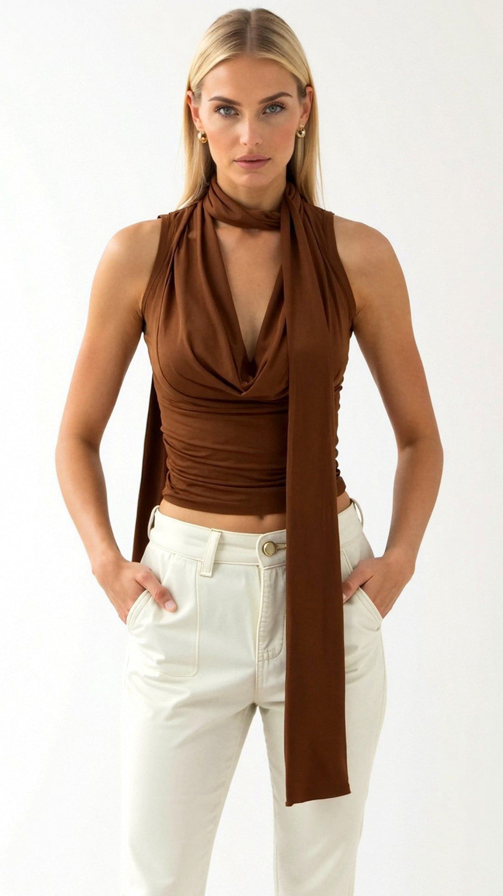 Scarf Tie Tank Top - Sleeveless Cowl Neck Brown Top for Women — Main Image