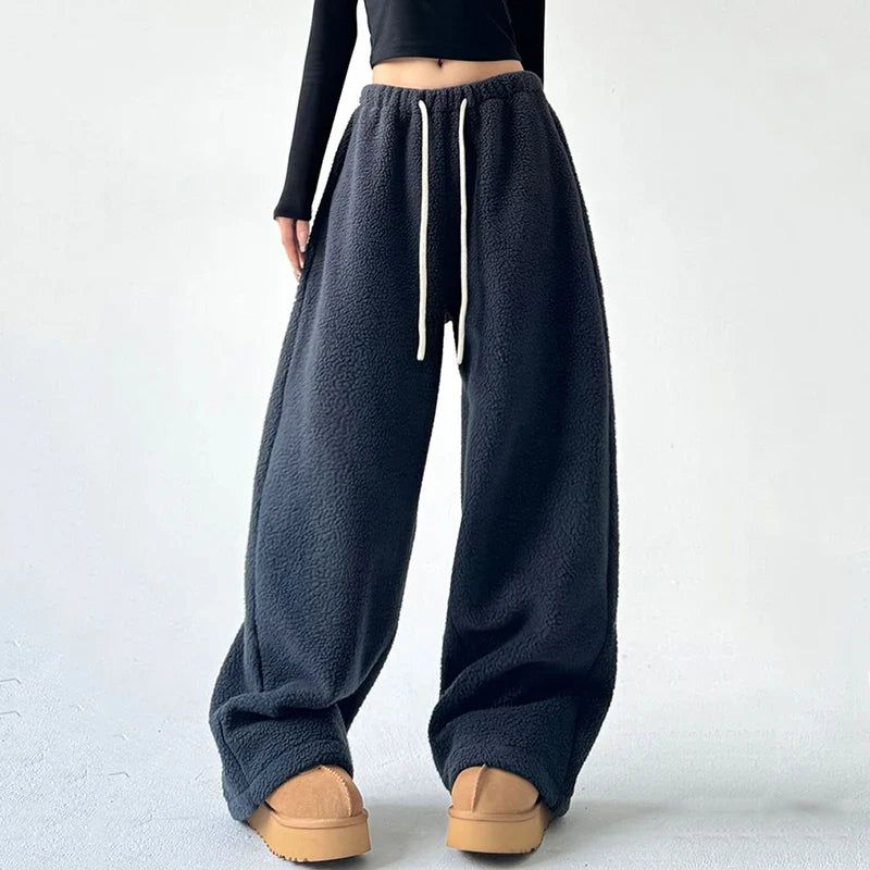 Women's Wide Leg Sherpa Fleece Lounge Pants with Drawstring - Black, Brown, Green Polyester — Main Image