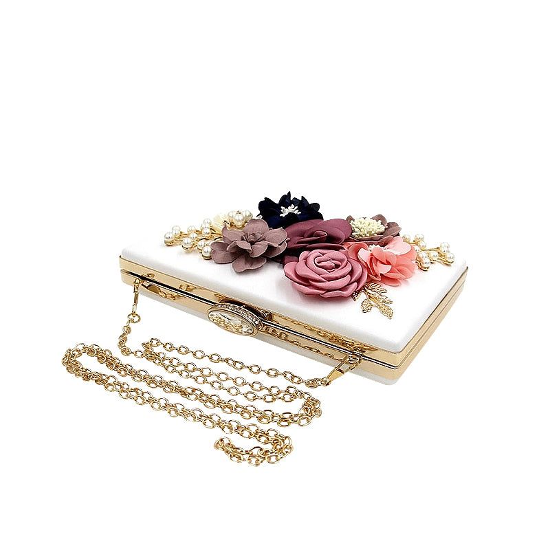 White Floral Clutch Bag with Fabric Flowers, Pearl Embellishments, and Chain Strap — Image 3