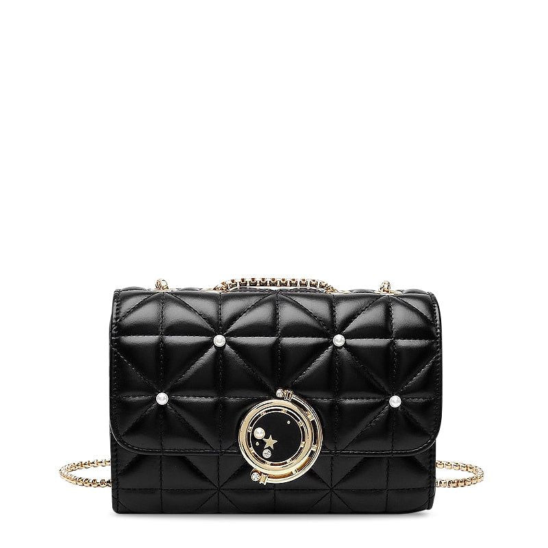 Quilted Crossbody Bag Black Faux Leather Chain Strap Pearl Accents — Main Image