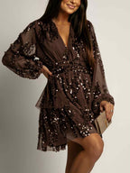 Sequin Tiered Mini Dress, Brown Long Sleeve V-Neck Polyester — Image 7